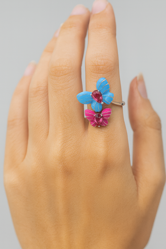 Sterling Silver Twin Butterfly Enamel Ring