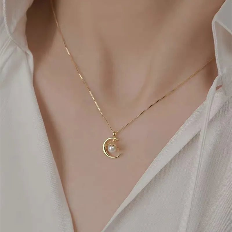 Celestial Crescent Pearl Necklace