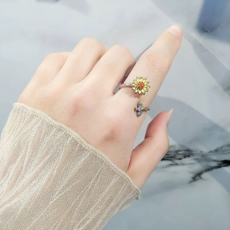 Anxiety Ring | Sunflower & Bee Open Ring