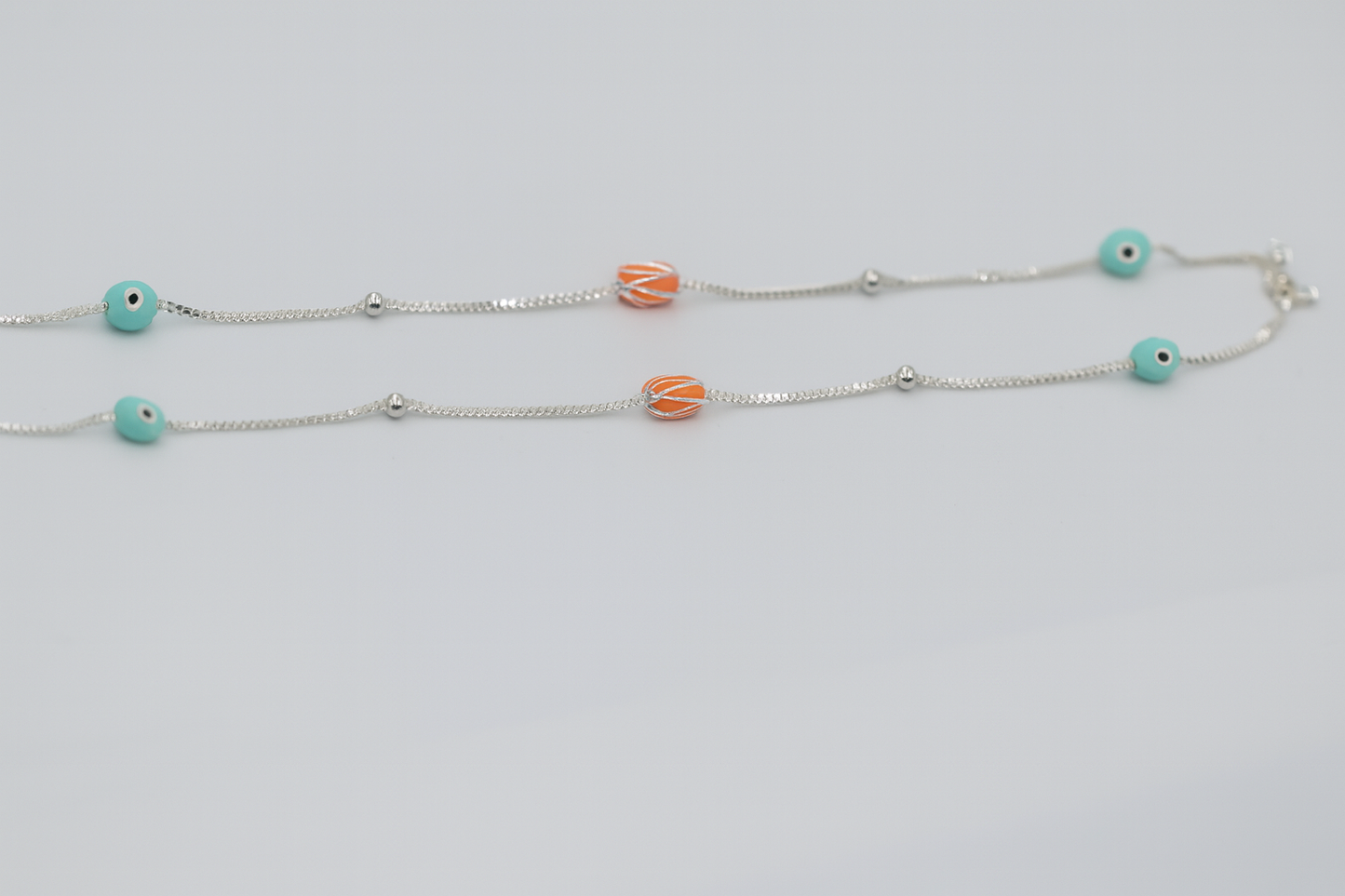 Sterling Silver 925  Evil Eye & Orange Bead Charm Anklet