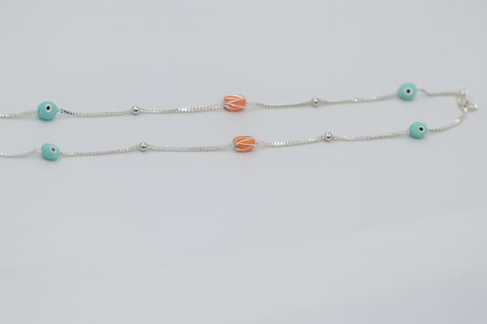 Sterling Silver 925  Evil Eye & Orange Bead Charm Anklet