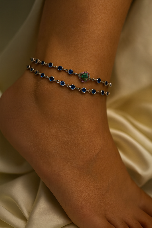 Sterling Silver 925  Blue & Green Stone Anklet