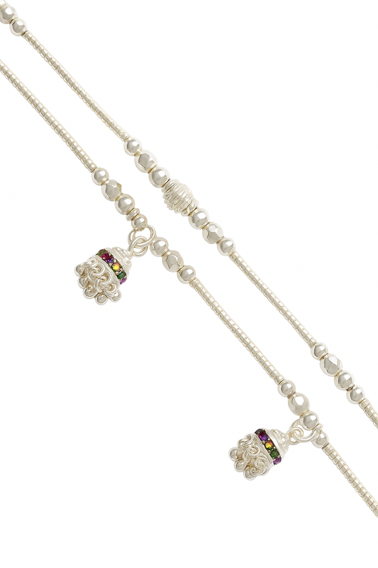 Sterling Silver 925  Beaded Anklet with Multicolour Ghungroo Charms