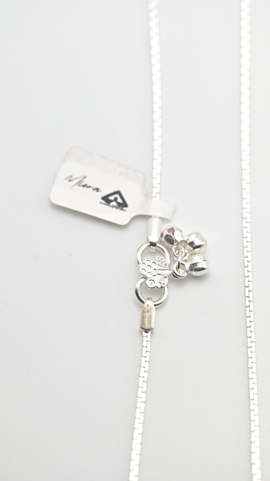 Sterling Silver 925  Box Chain Anklet with Floral Charm & Bead Detailing