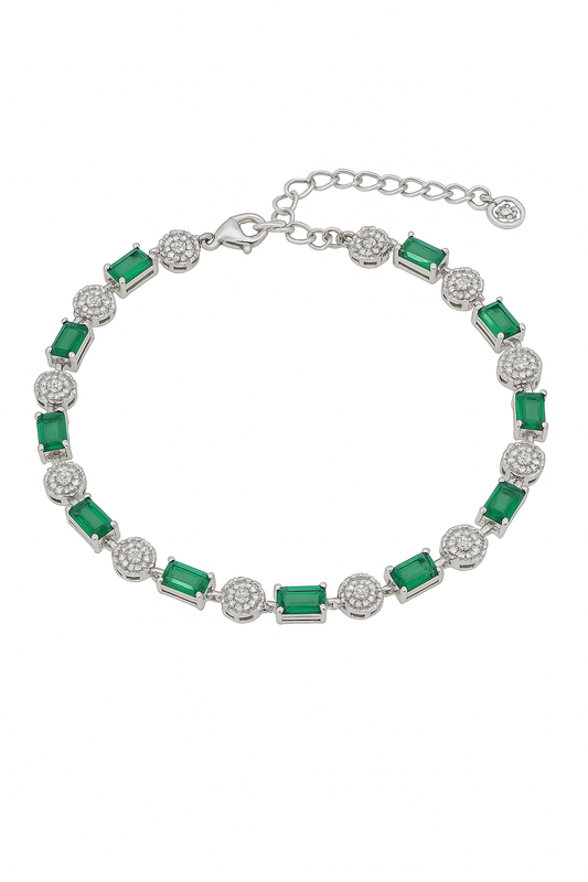 Sterling Silver 925  Green Stone Floral Anklet