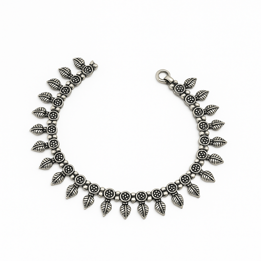 Sterling Silver 925 Antique Oxidized Silver Floral Payal Anklet