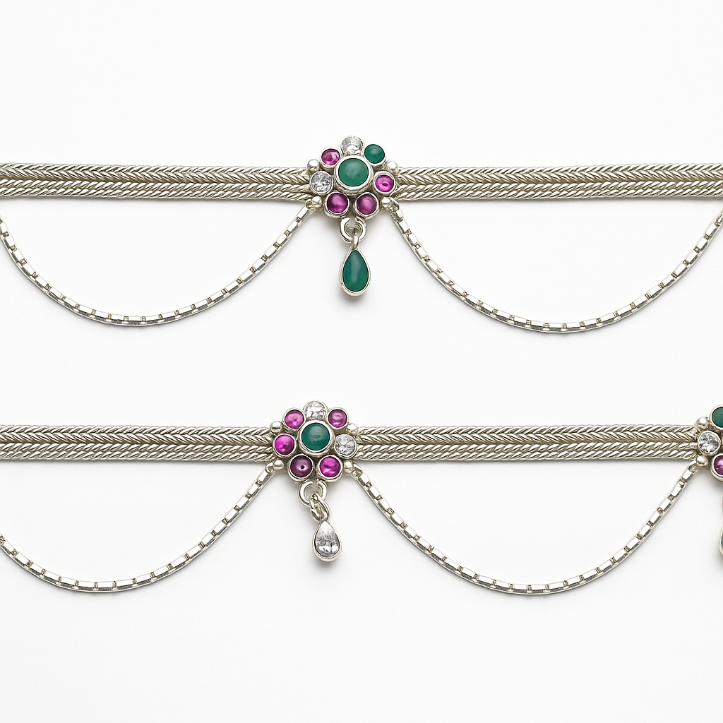 Sterling Silver 925 Traditional  Payal with Ruby & Emerald Stone Detailing