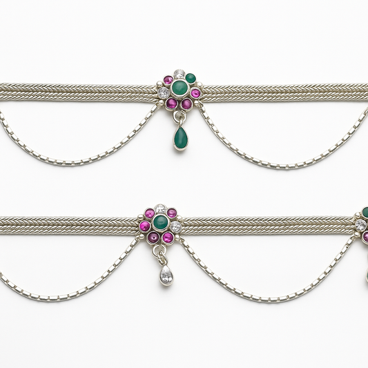 Sterling Silver 925 Traditional  Payal with Ruby & Emerald Stone Detailing