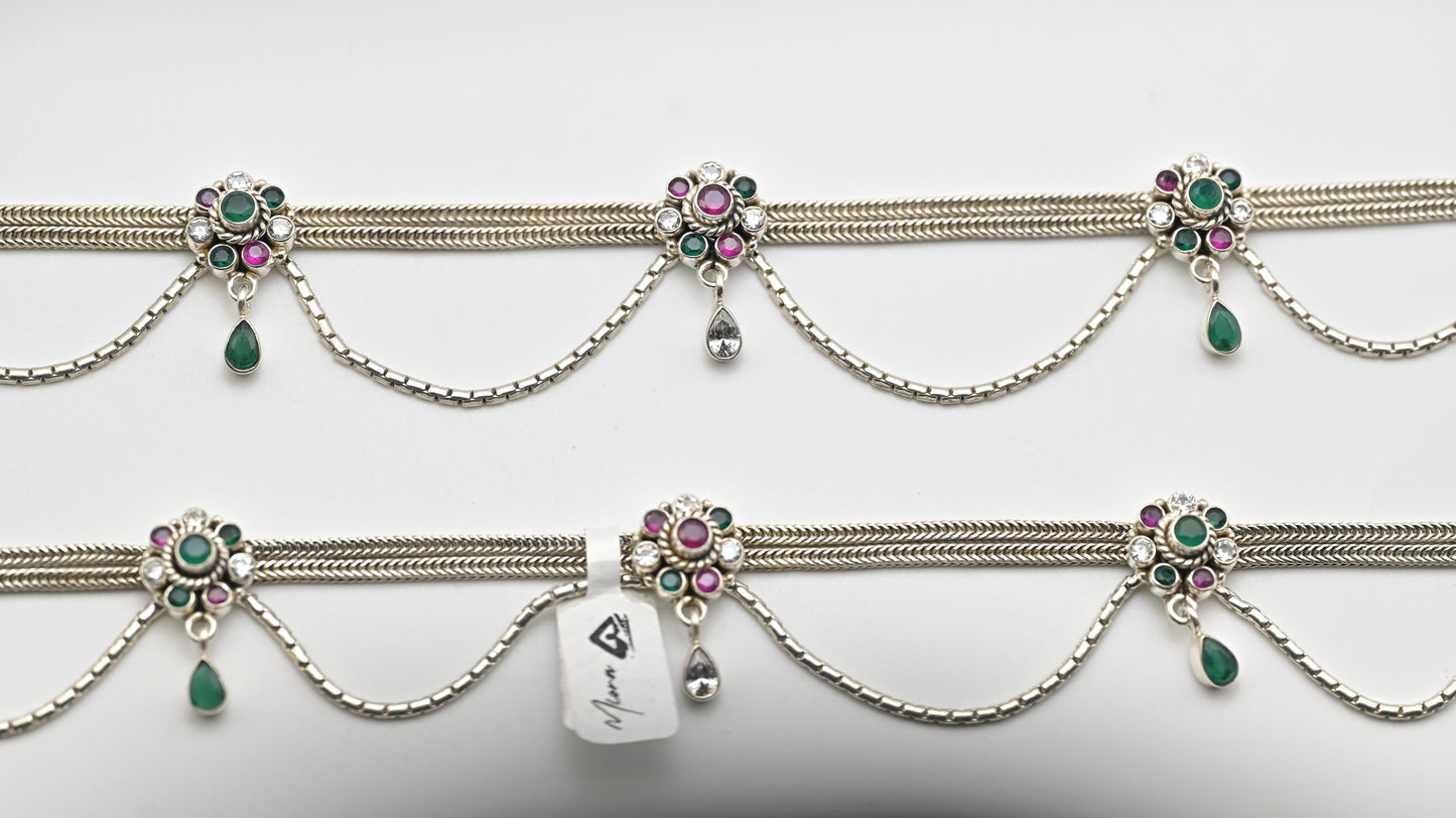 Sterling Silver 925 Traditional  Payal with Ruby & Emerald Stone Detailing
