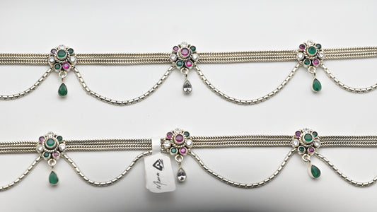 Sterling Silver 925 Traditional  Payal with Ruby & Emerald Stone Detailing