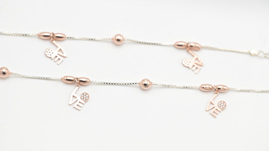 Sterling Silver 925 Rose Gold and Silver “LOVE” Charm Anklet