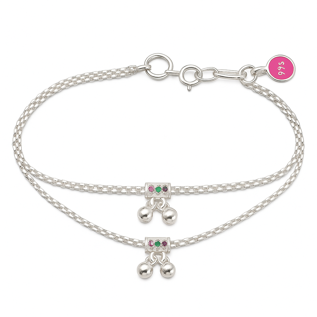 Double Chain Anklet with Tiny Bells & Stone Detailing