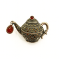 Vintage Teapot Brooch with Red Gemstone Drops