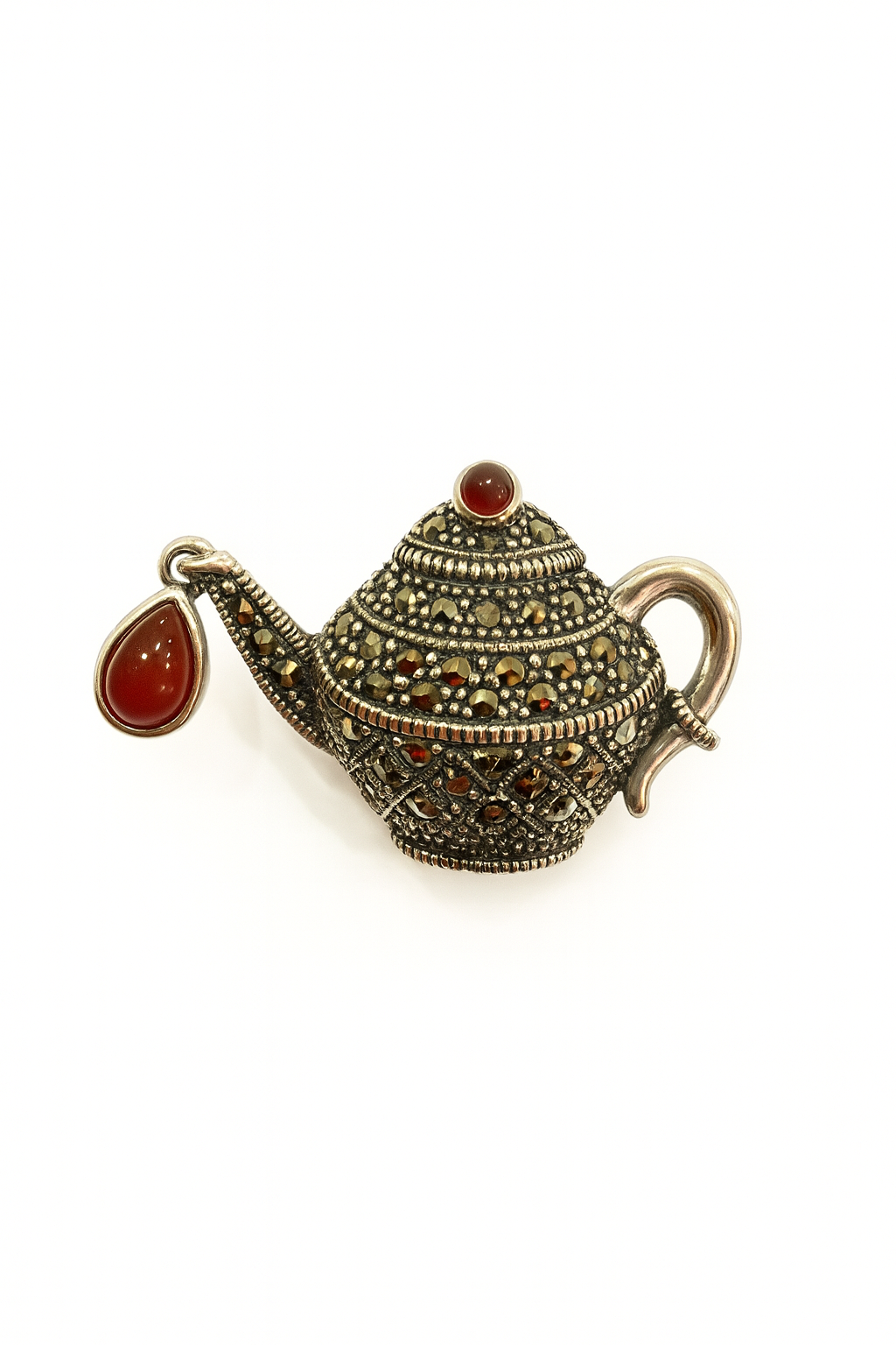 Vintage Teapot Brooch with Red Gemstone Drops