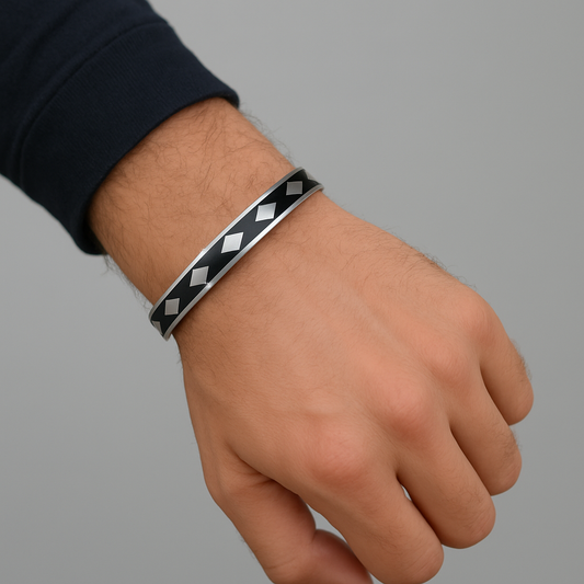 Silver Black Kada with Diamond Motif
