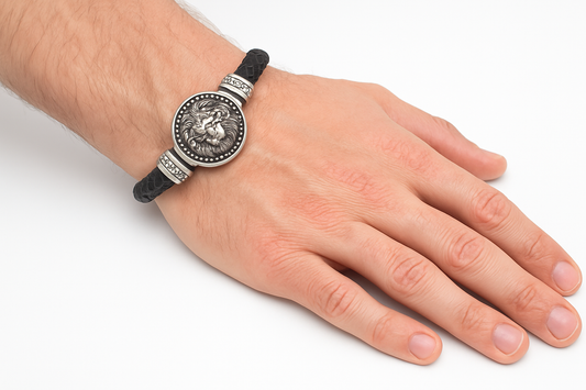 Lion Head Bracelet with Braided Leather and Viking Accents