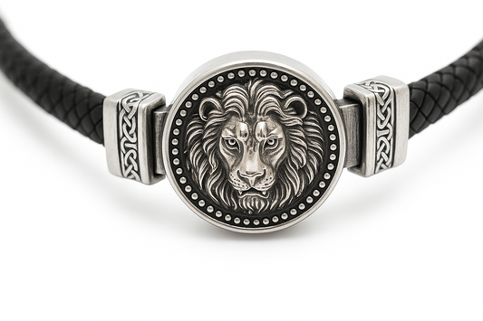 Lion Head Bracelet with Braided Leather and Viking Accents