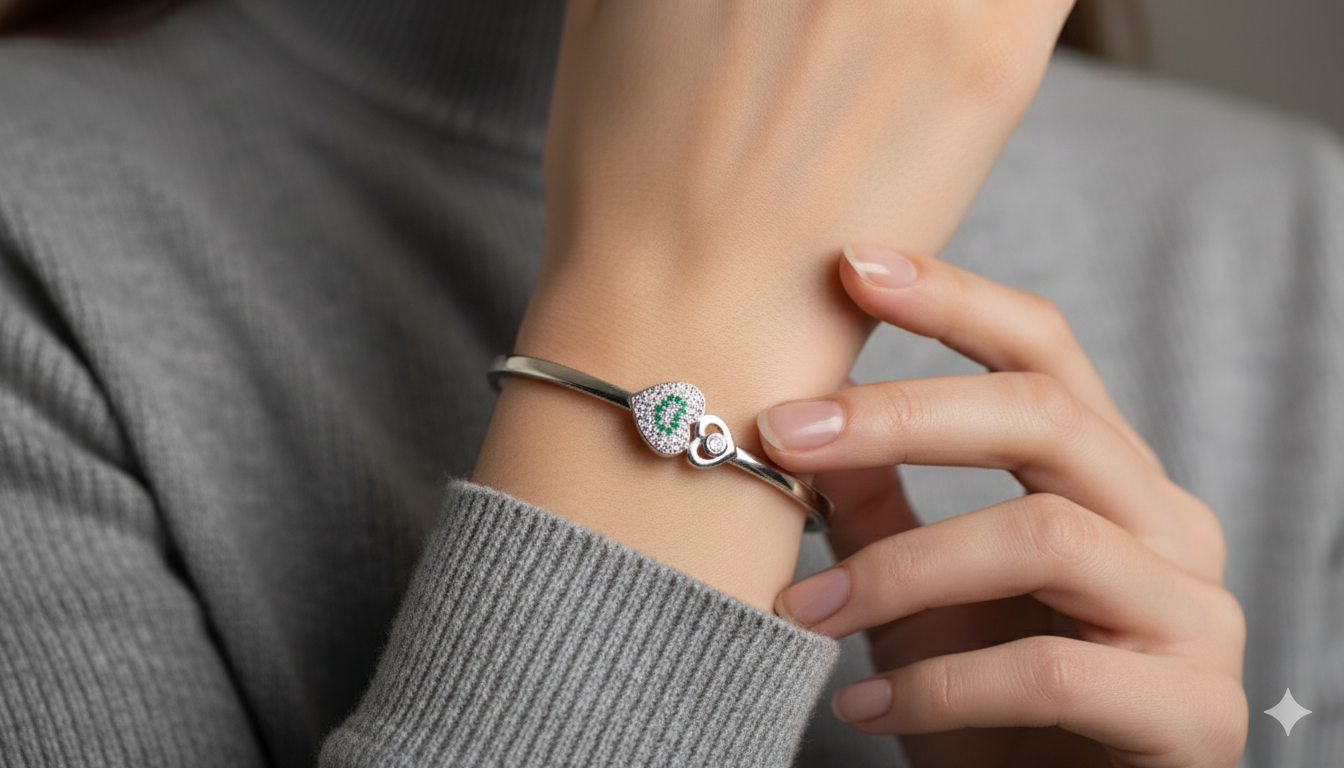 Silver Heart Duo Bangle with Green and White Stone Detailing