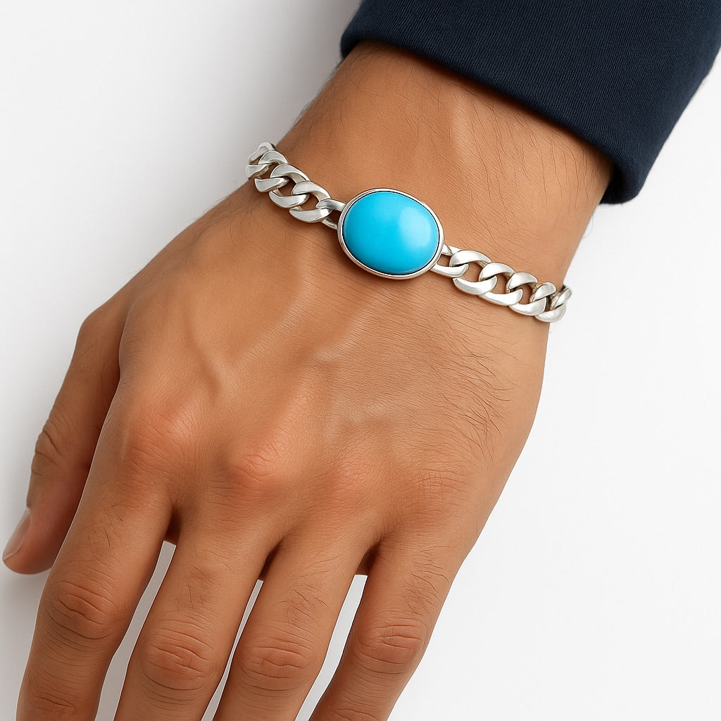 Men’s Silver Chain Bracelet with Turquoise Stone Centerpiece