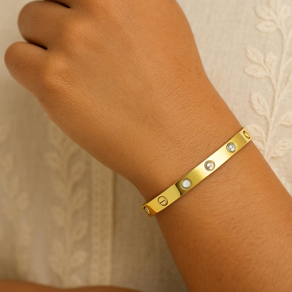 Classic Gold Plated Screw-Design Bangle with Crystal Accents”