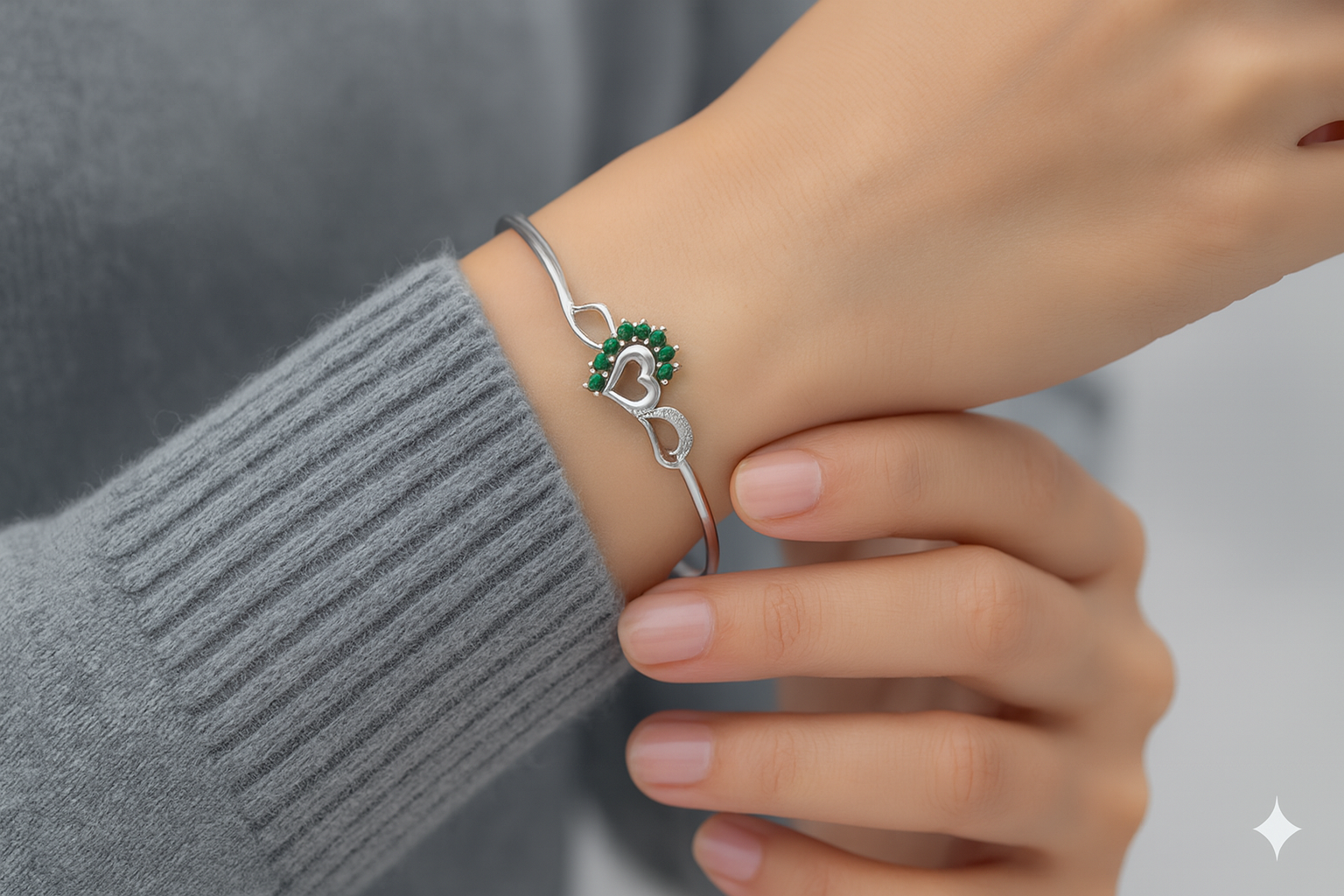 Heart Bracelet with Green Emerald & CZ Detailing