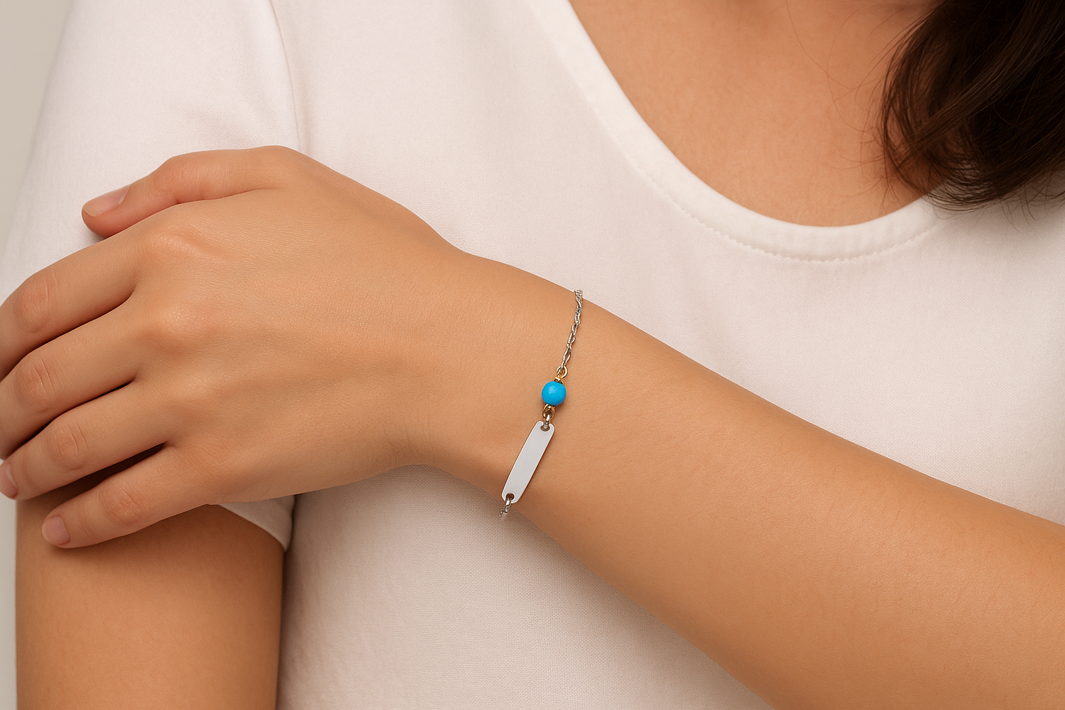 Chain Bracelet with Turquoise Bead and Engravable Barcelet