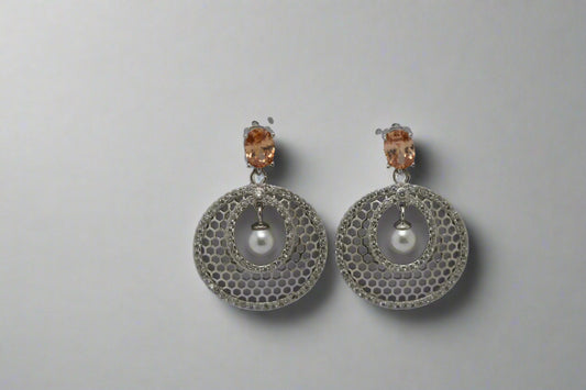 Champagne Crystal & Pearl Drop Circle Earrings