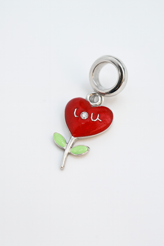 Heart Bloom Charm | Red Enamel with Green Leaf Detail | Whimsical World Collection