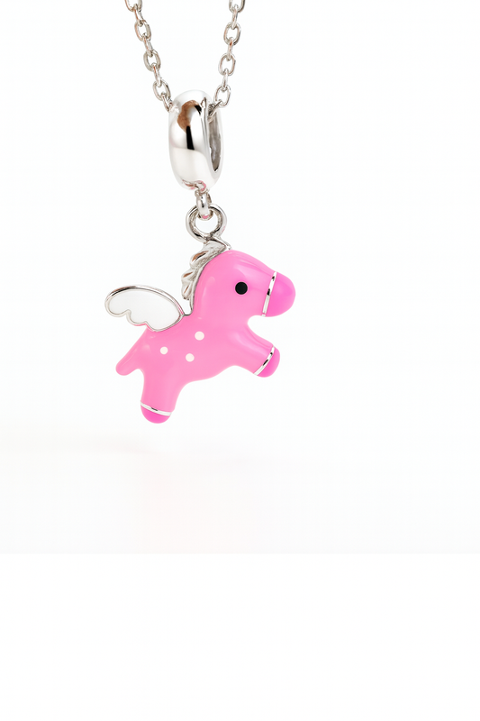 Flying Pony Charm | Pink Enamel with Silver Wings | Whimsical World Collection