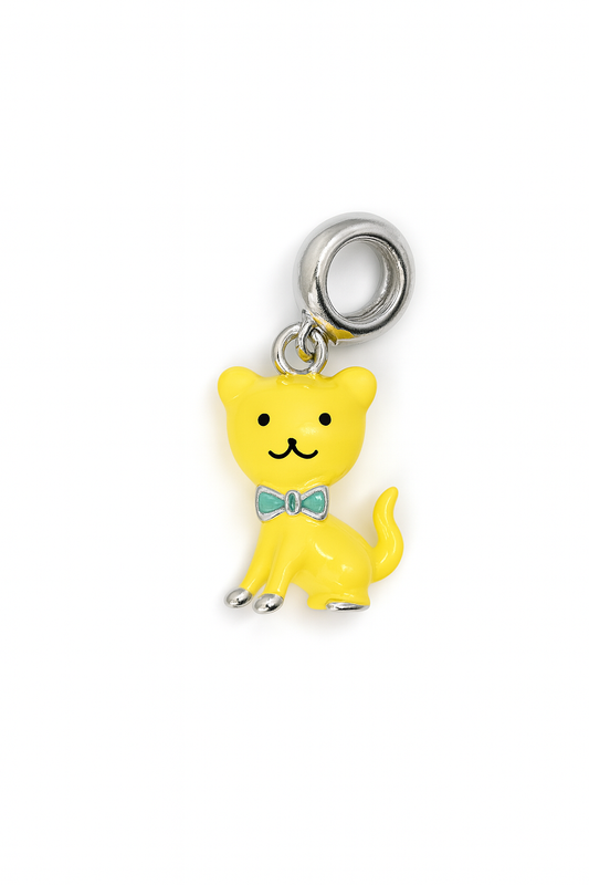 Yellow Cat Charm with Bow Tie | Silver Finish & Enamel Detailing | Sparkle Safari Collection