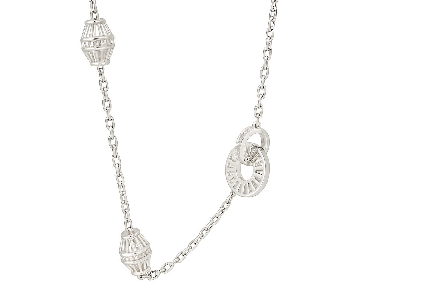 Interlocking Rings & Barrel Beads Necklace Sterling Silver