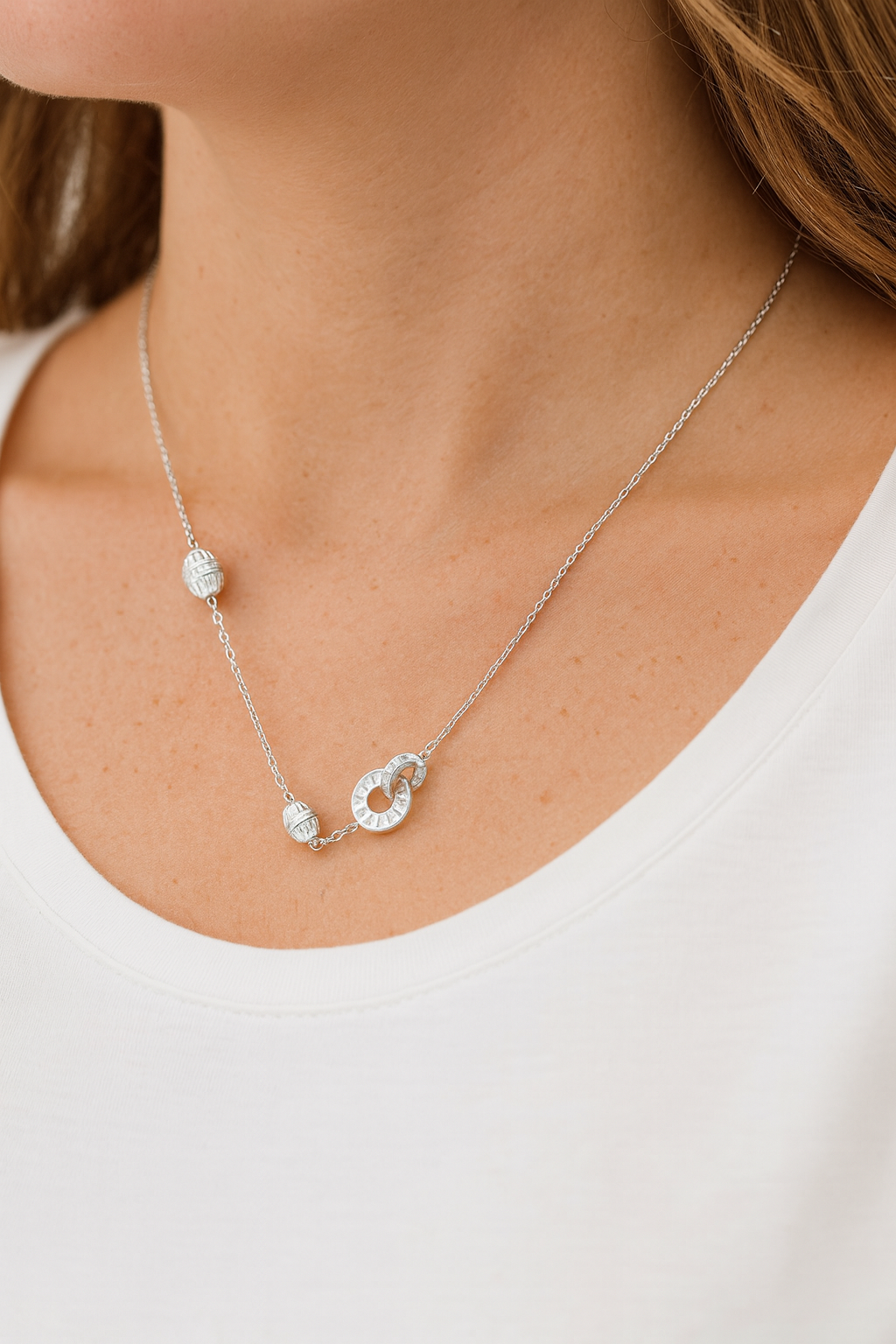 Interlocking Rings & Barrel Beads Necklace Sterling Silver