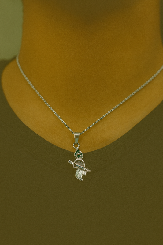 Sterling Silver Krishna Flute Pendant with Peacock Feather Enamel