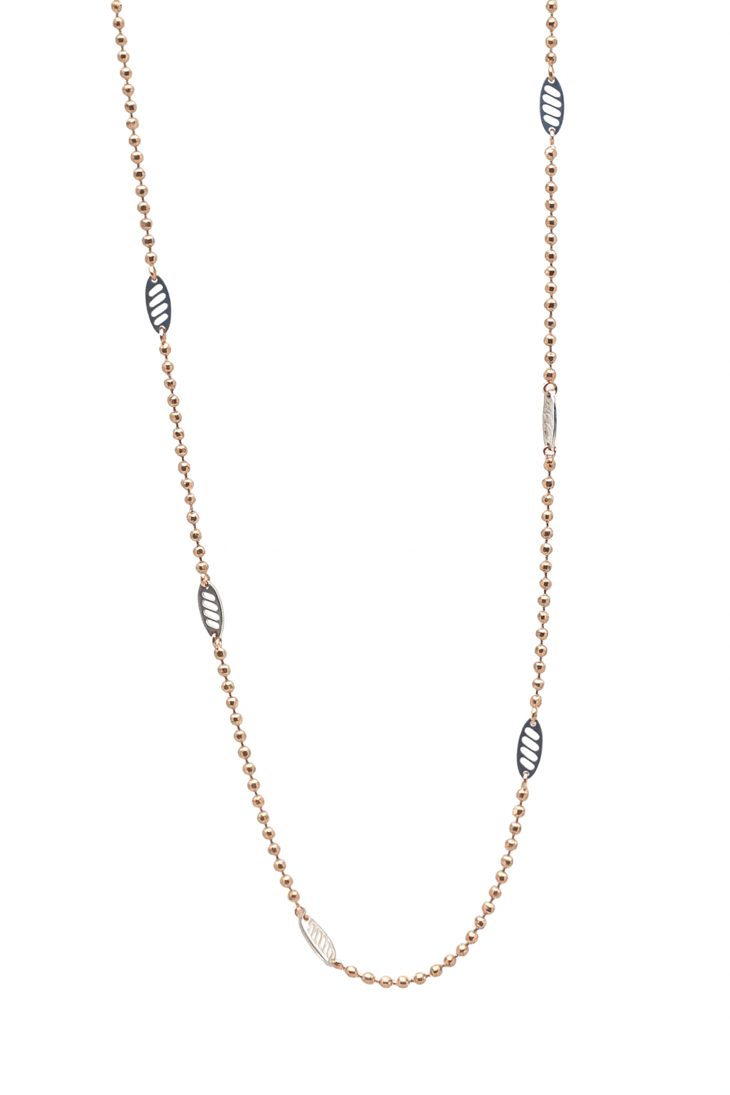 Rose Gold Beaded Chain Necklace | Dual-Tone Leaf Accents | Sterling Silver