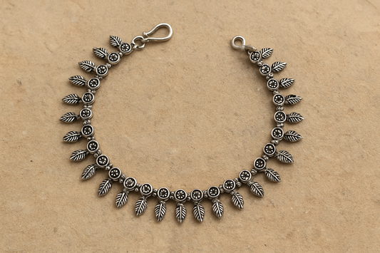 Sterling Silver 925 Antique Oxidized Silver Floral Payal Anklet