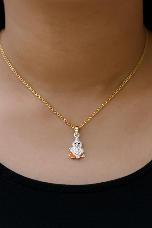 Sterling Silver Lord Ganesha Pendant with Orange Enamel Accents