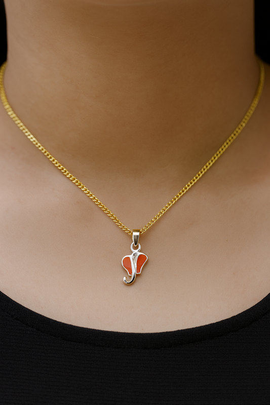 Silver Ganesha Head Pendant with Orange Enamel Accents