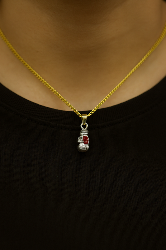 Sterling Silver Boxer Glove Pendant with Red Enamel Accent