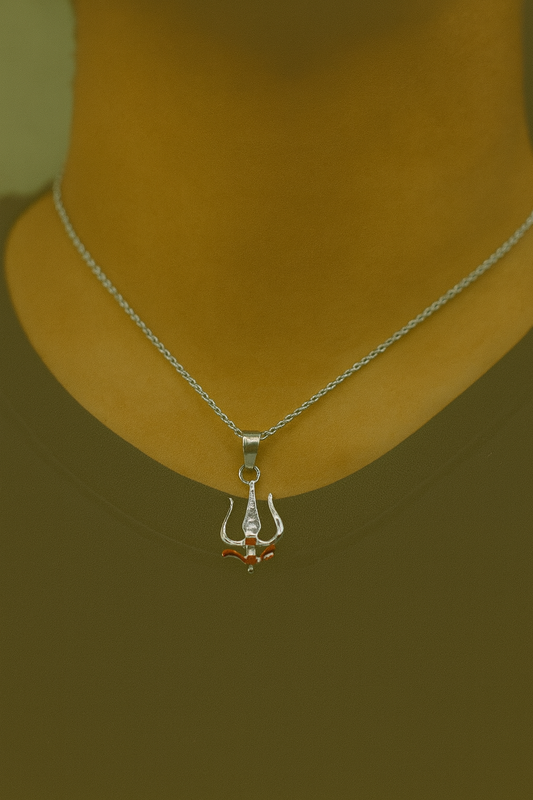 Sterling Silver Trishul Pendant with Red Accent