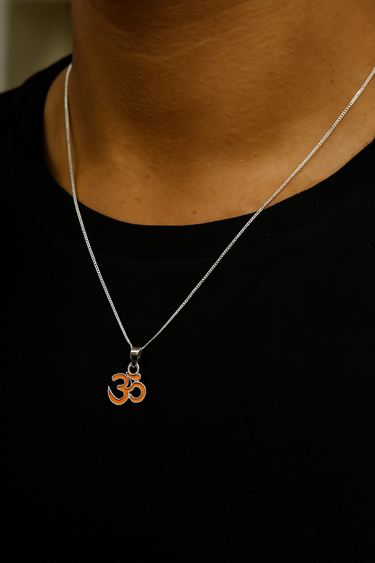 Sterling Silver Om Pendant with Saffron Enamel