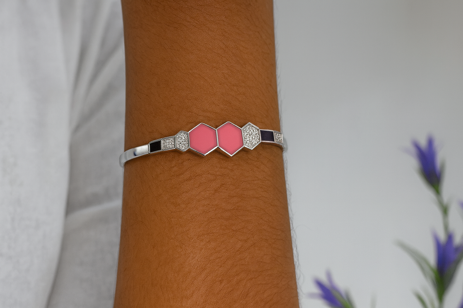Sterling Silver Geometric Hexa Enamel & CZ Bracelet
