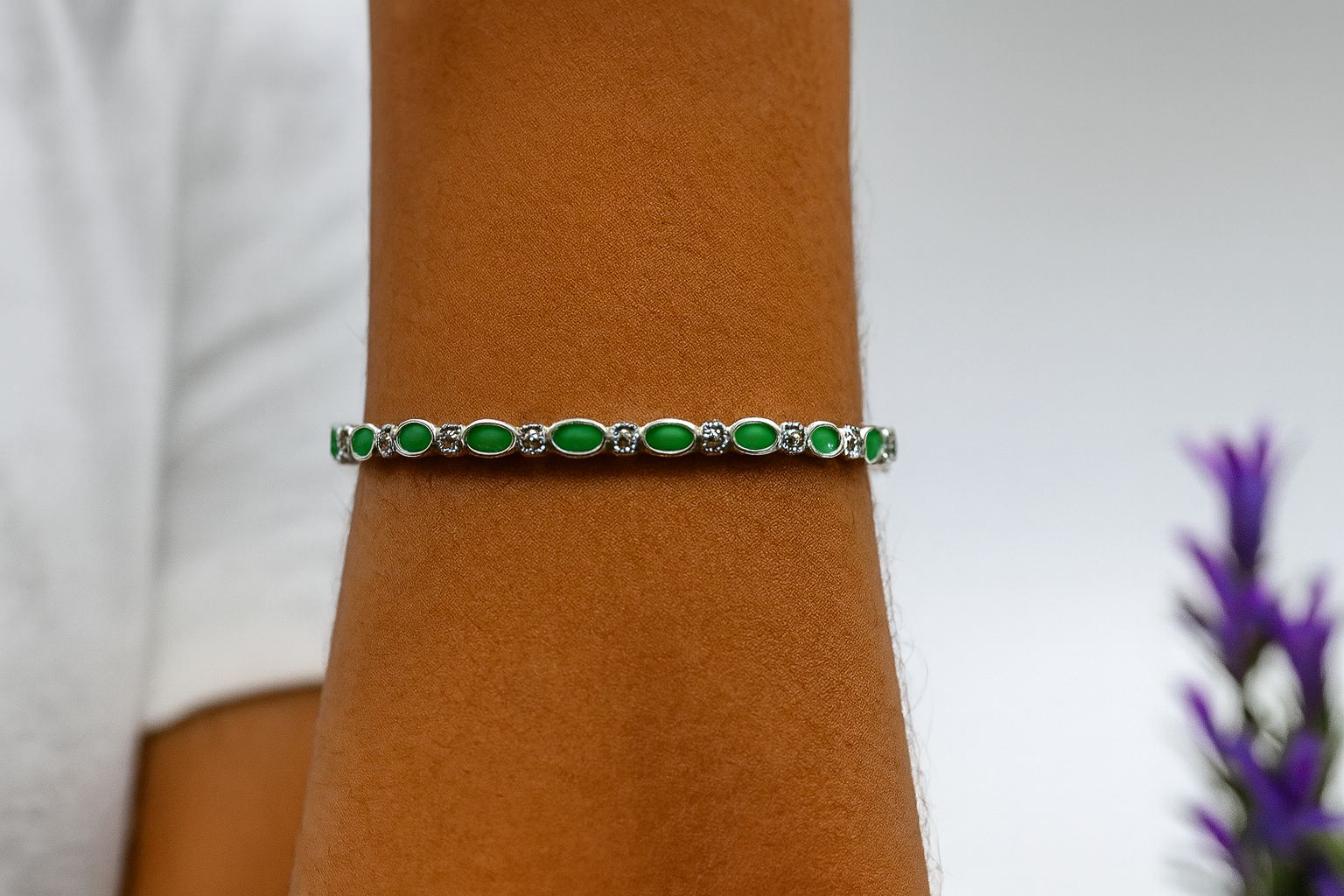 Sterling Silver Green Marquise Stone Bangle