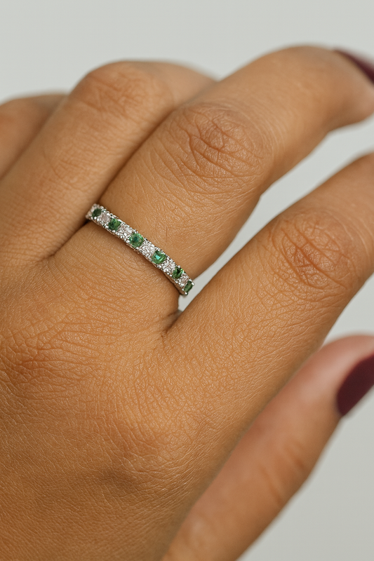 Sterling Silver Eternity Band Ring with Green & White Stones