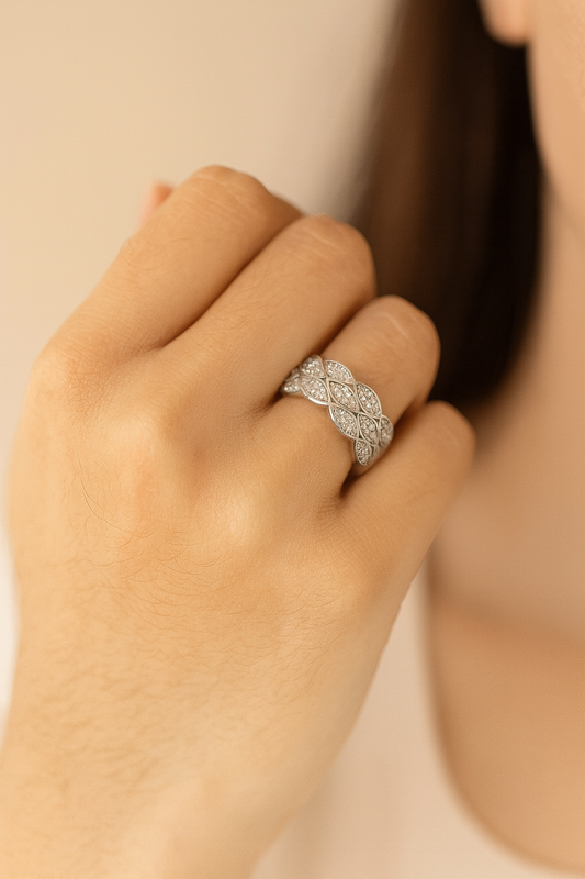 Sterling Silver Leaf Mesh Band Ring