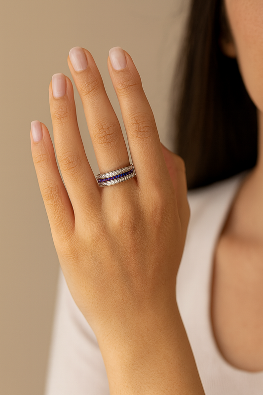 Sterling Silver Ring with Blue Baguette and White Zircon Stones
