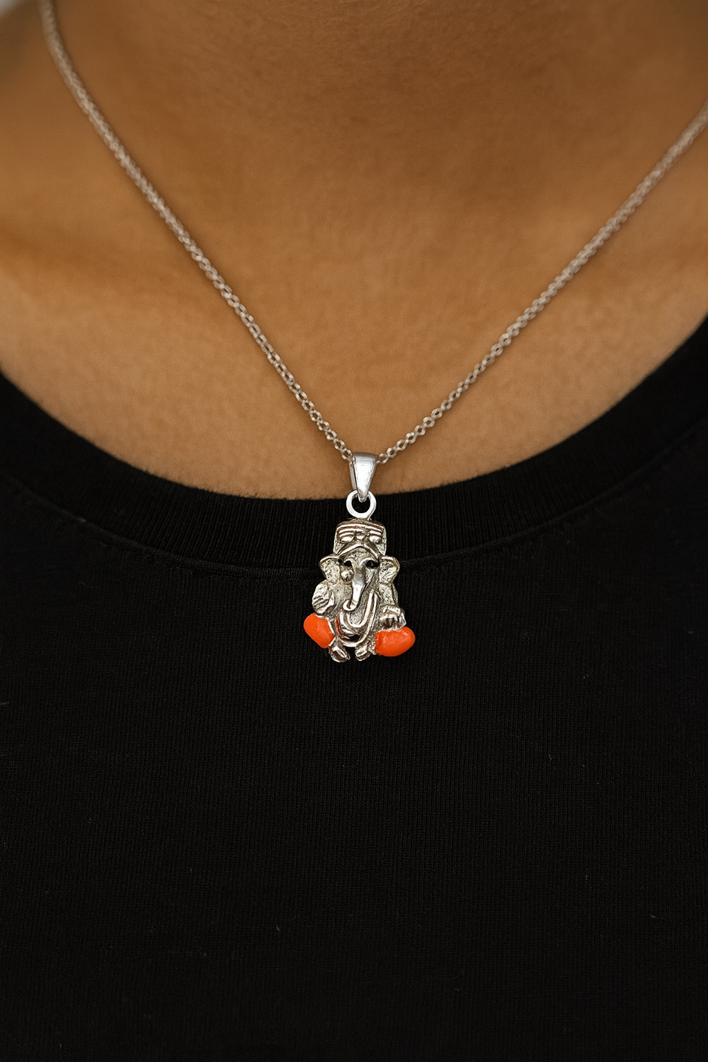 Silver Lord Ganesh Pendant with Orange Accents