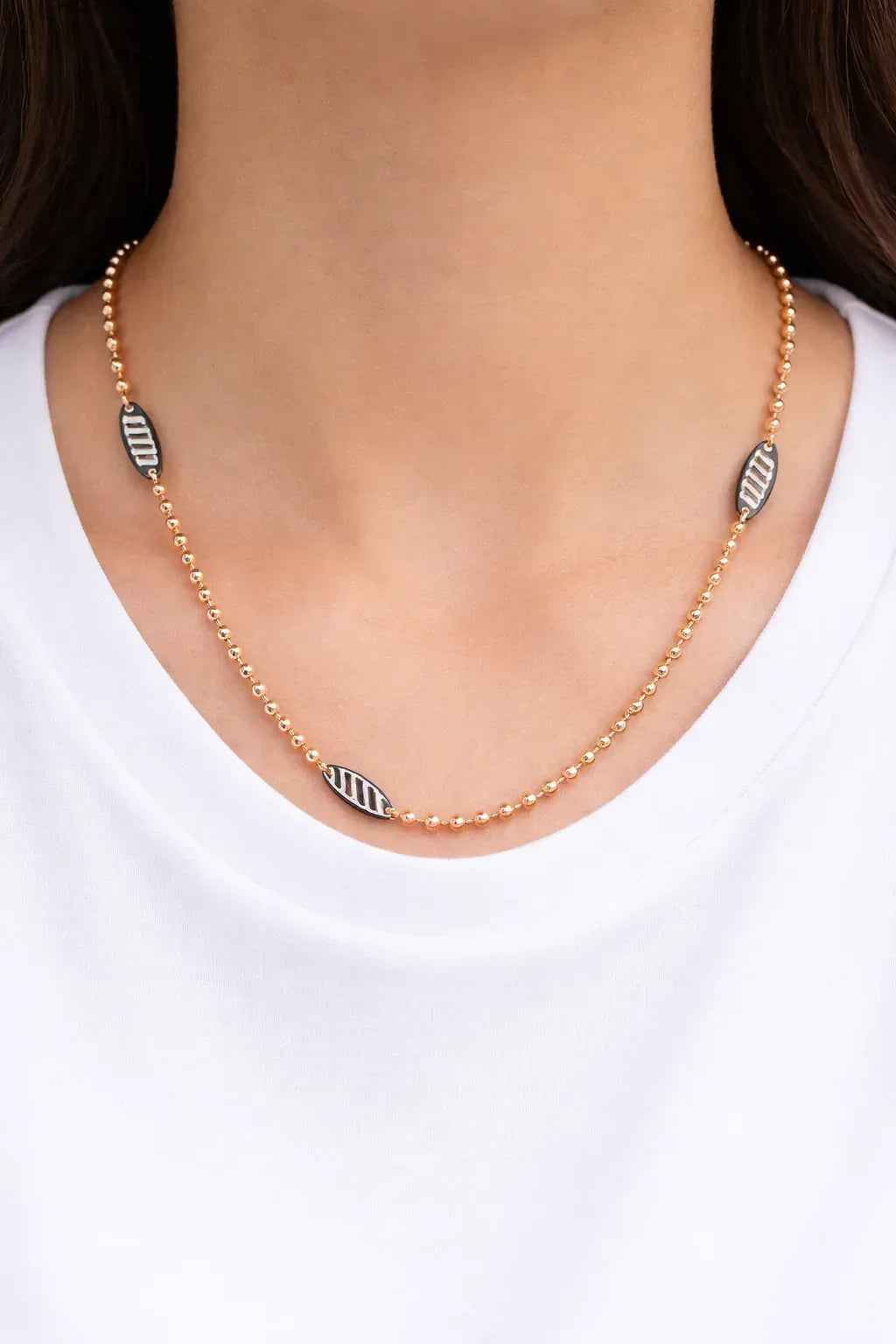 Rose Gold Beaded Chain Necklace | Dual-Tone Leaf Accents | Sterling Silver