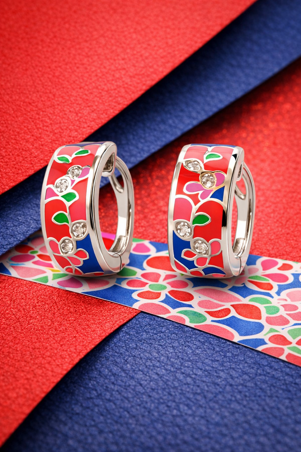 Red-Purple Enamel Floral Earrings