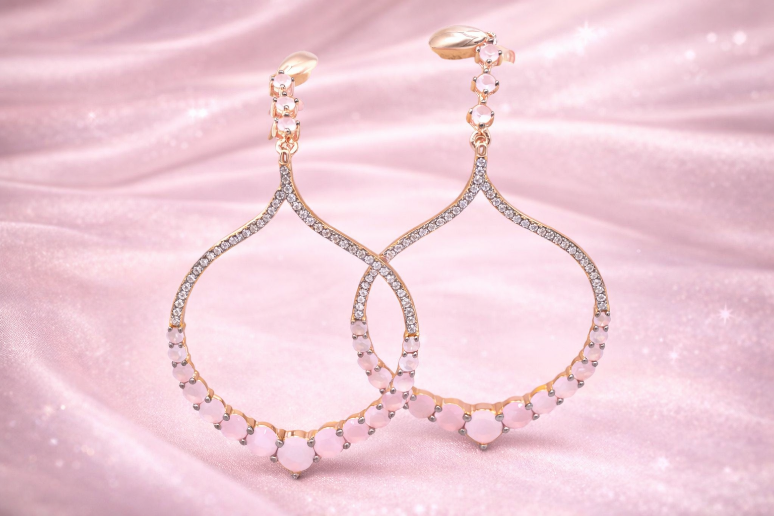 Rose Gold colored Pink Stone Hoop Danglers