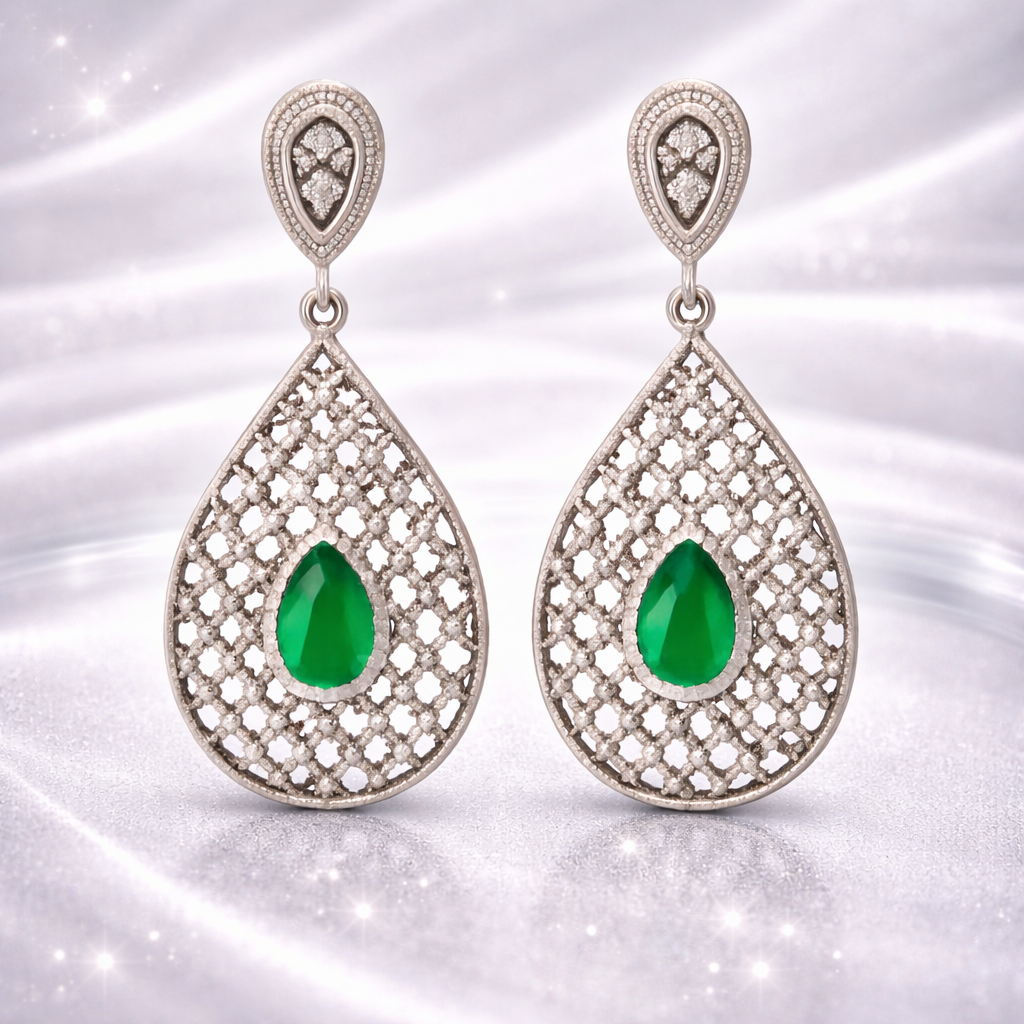 Green Teardrop Stone Chandbali Earrings